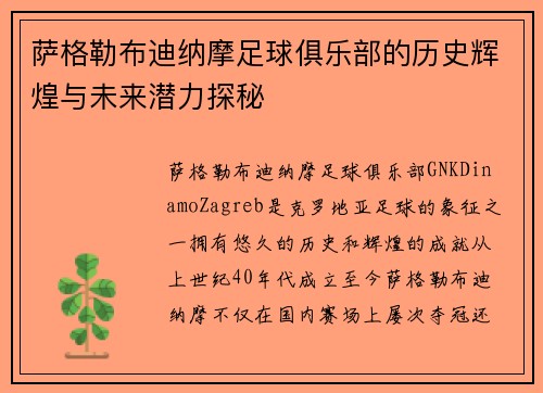 萨格勒布迪纳摩足球俱乐部的历史辉煌与未来潜力探秘